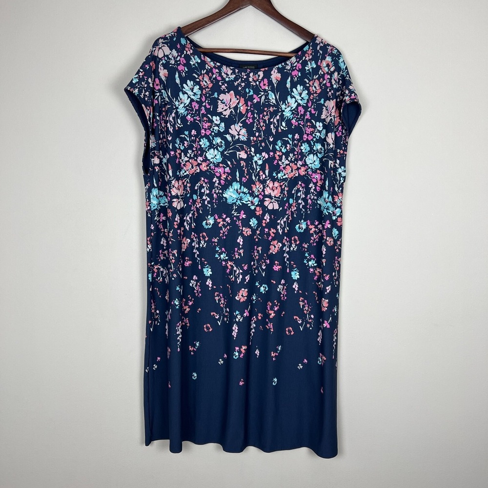 J Jill Wearever Collection Dress 2X Blue Floral Boat Neck Knee Length Cap Sleeve